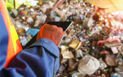 A worker in protective gear with a tablet in hand, and a pile of garbage behind.